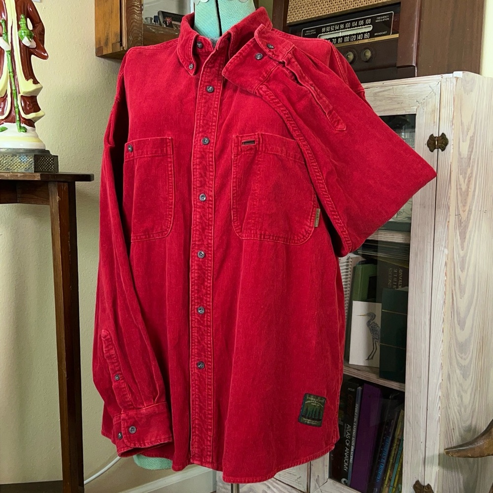 Vintage 90s Timberland Corduroy Oversized Button up Red Cotton Long Sleeve Shirt